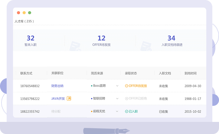 应聘信息数字化管理，打造企业专属于自己的人才库，全招聘流程自动流转，帮助企业实现高效招聘和科学管理。
